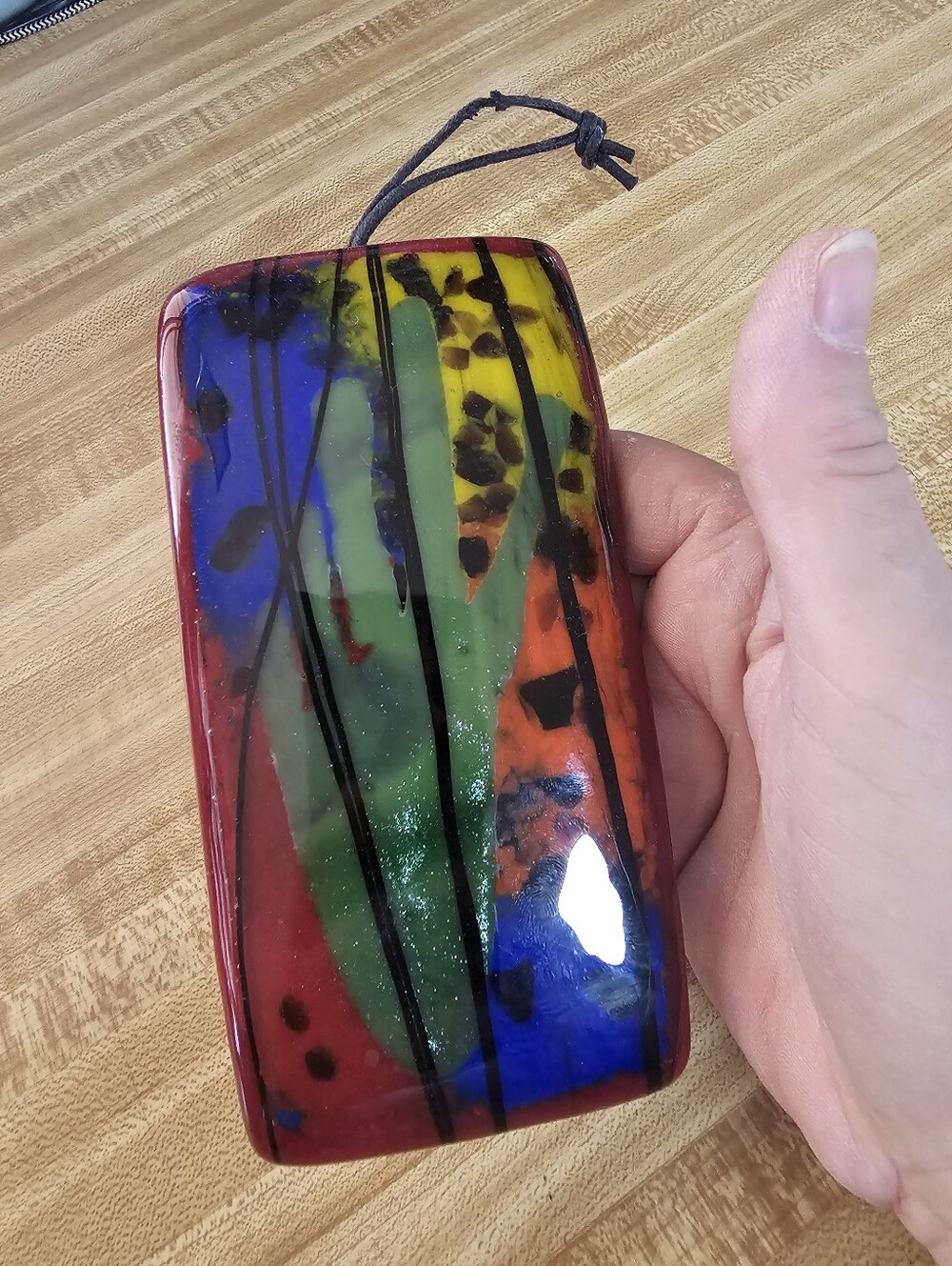 Fused Glass Art Hanging Suncatcher Abstract Multi Color 3x5.5 Leather Strap Vtg